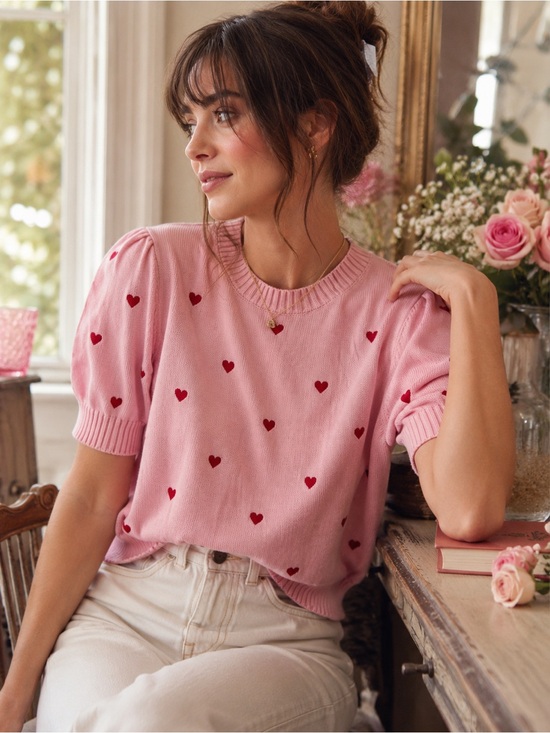 Source Unknown Sweaters - Pink Heart Puff Sleeve Cotton Sweater 2X Coquette Romantic Hearts Knit Top